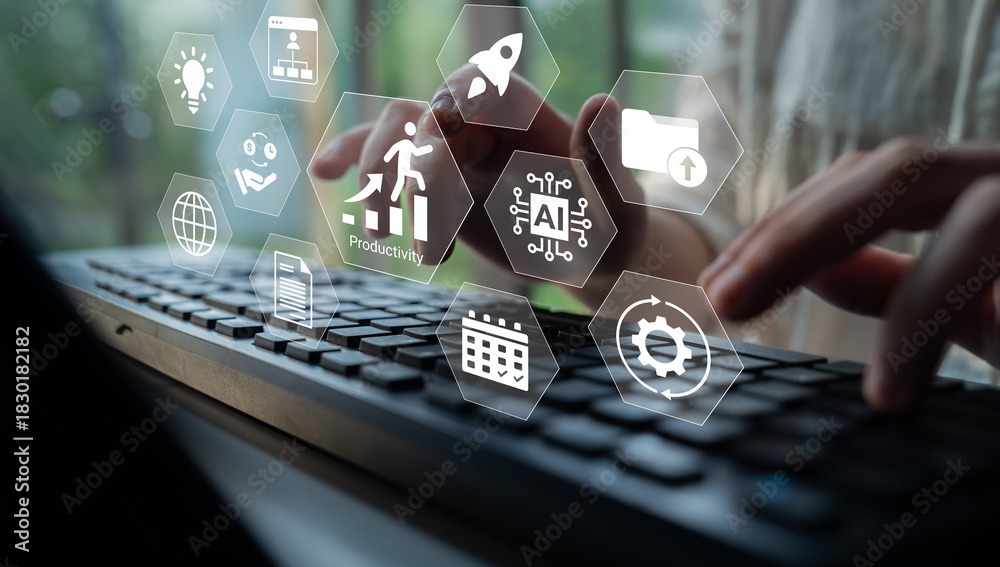 Fototapeta premium A modern workspace showcases hands typing on a keyboard surrounded by digital icons representing productivity, technology, and innovation in a connected environment. Gantry