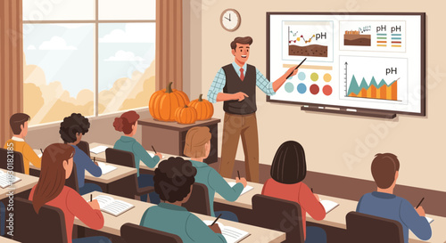 Autumnal educational environment illustrating soil chemistry in a classroom