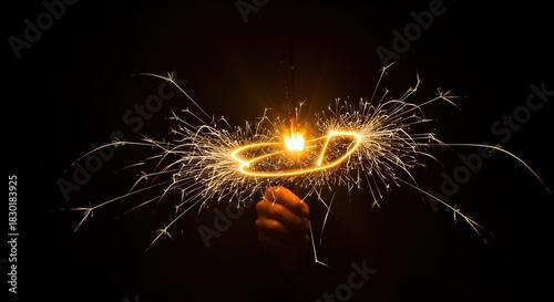 A bright, long exposure photograph capturing the brilliant light trails of a handheld sparkler burning intensely against a deeply dark background ,excitement ,atmosphere ,glowing