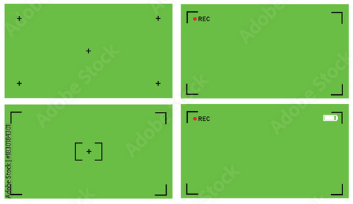 Four panel view of a video camera viewfinder interface overlay with green screen background, showing recording indicators, crosshairs, and battery level for chroma key compositing