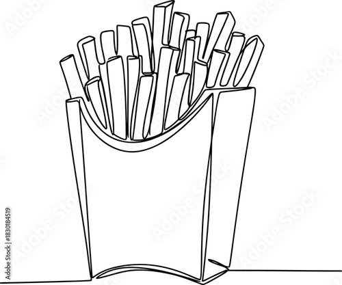 Continuous line drawing of french fries in a takeout container isolated on transparent background