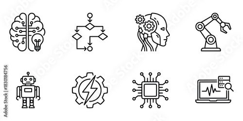 Artificial Intelligence and Automation Icons Brain Flowchart Robot and Technology.