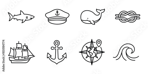 Nautical Icons Shark Captains Hat Whale Knot Ship Anchor Compass Wave.