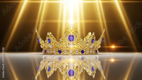 Regal gold crown embellished with blue jewels, symbolizing victory and success, sits on a reflective floor under a brilliant spotlight