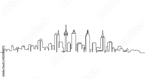 Elegant continuous line drawing of a dynamic urban landscape featuring a modern city skyline and diverse architectural structures