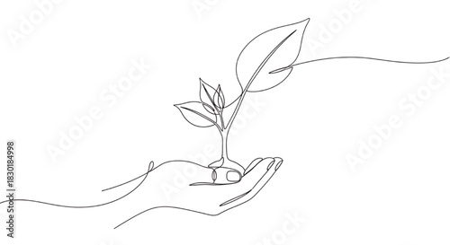 Nurturing new life Hand gently cradling a young sprout, a continuous line art symbol of environmental growth and care