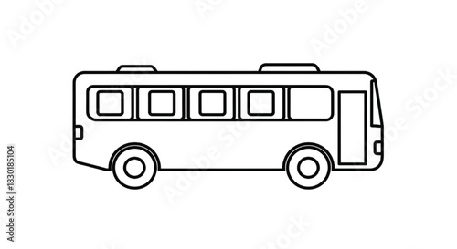Black and white line drawing of a passenger bus for public commuting and travel concepts