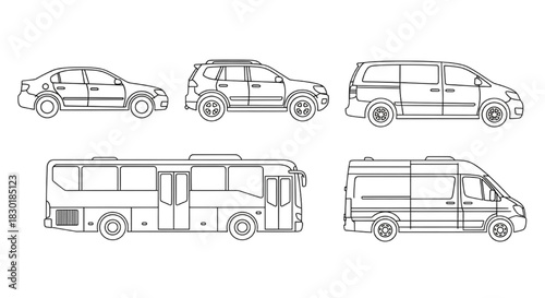Set of different vehicle types including car, bus, and van in a clean line art style