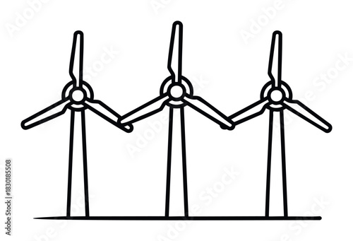 Three stylized wind turbines in a row, representing renewable energy generation and sustainable power solutions for environmental concepts.