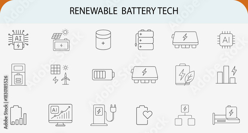 Renewable battery tech line icons, solar energy charging station vector set