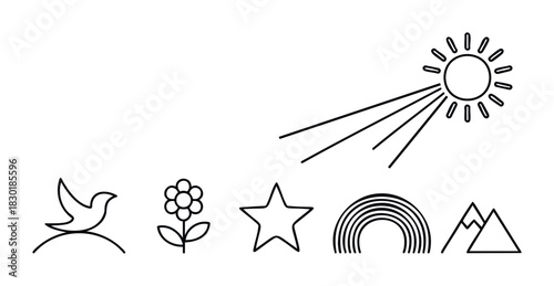Collection of simple line drawings representing nature and hope a dove on a hill, a flower, a star, a rainbow, mountains, and the sun with rays, suitable for a childs book or positive