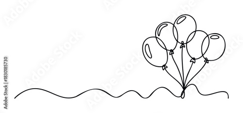 Minimalist single line drawing of a bunch of balloons tied together with strings floating upwards against a plain background, ideal for celebrations and party themes.