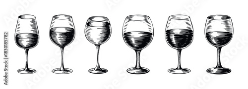 Collection of six handdrawn wine glasses showcasing various levels of red and white wine, perfect for beveragethemed promotions and restaurant menus.