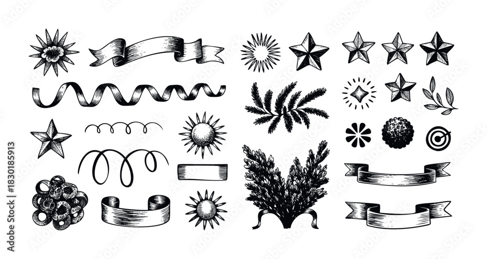 Fototapeta premium Collection of handdrawn sketch elements including stars, ribbons, sunbursts, foliage, and abstract shapes perfect for graphic design and decoration projects