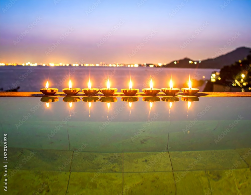 Fototapeta premium Serene infinity pool scene with glowing oil lamps reflecting across tranquil water at twilight