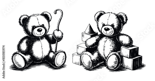 Black and white sketch of two teddy bears with toys, one holding a cane and the other sitting amongst blocks, perfect for childrens books and playful designs.