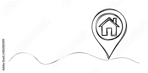 Abstract continuous line drawing of a house symbol within a location pin marker, representing home finding or real estate services, perfect for property websites and navigation apps.