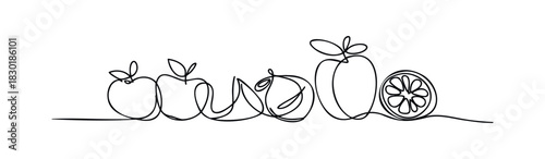 Continuous line drawing of assorted fruits including apples and a citrus slice, perfect for food and health related media applications