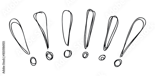Collection of hand drawn exclamation marks with circles and varying line thickness representing emphasis or attention for graphic design and communication needs
