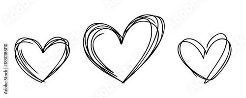 Three hand drawn black hearts rendered with sketchy lines and overlapping strokes, perfect for symbolizing love and affection in various promotional and personal projects.
