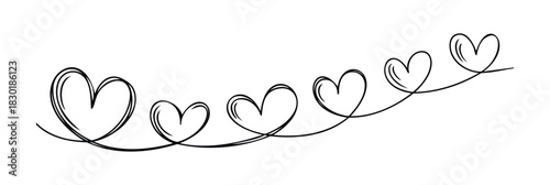 Hand drawn continuous line hearts forming a flowing curve for romantic occasions, celebrations, and heartfelt messages, conveying love and connection.