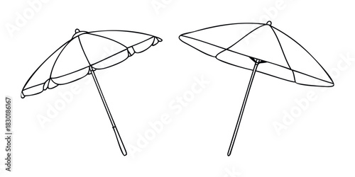 Two line drawing beach umbrellas open and angled against a white background for summer fun and vacation concepts.