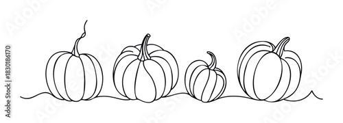 Row of simple line art pumpkins of varying sizes with stems and wavy ground, perfect for seasonal decorations, invitations, or fall themed projects.