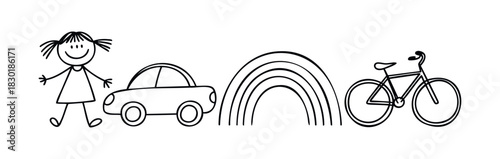 Stick figure girl with pigtails, car, rainbow, and bicycle, depicting childhood, transportation, and imagination for kids content and design projects.