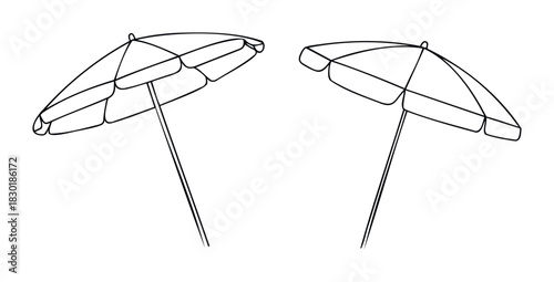 Two beach umbrellas presented in a simple line drawing style, perfect for summer vacation promotion and coastal themes.
