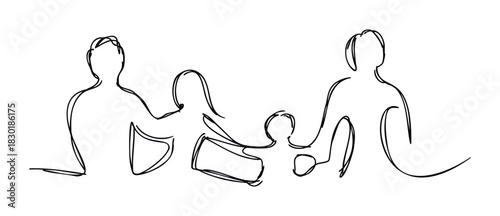 Continuous line drawing representing a family connection with parents holding children and a sense of togetherness, perfect for symbolizing unity and support in various projects.