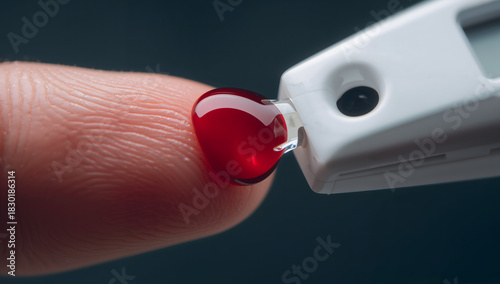 Close-up of a blood drop on a fingertip for a glucose test, symbolizing diabetes monitoring and health checks