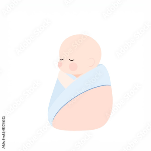 Illustration of a baby swaddled in a light blue blanket, eyes closed.