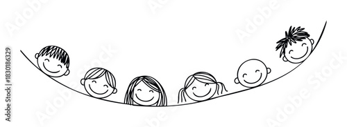 Playful group of diverse children peeking over a curved line, perfect for representing community, friendship, and learning in educational or playful contexts.
