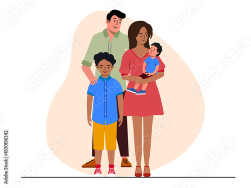 The happy family features a man, a woman holding a toddler and a boy. Big family vector illustration. Flat illustration.