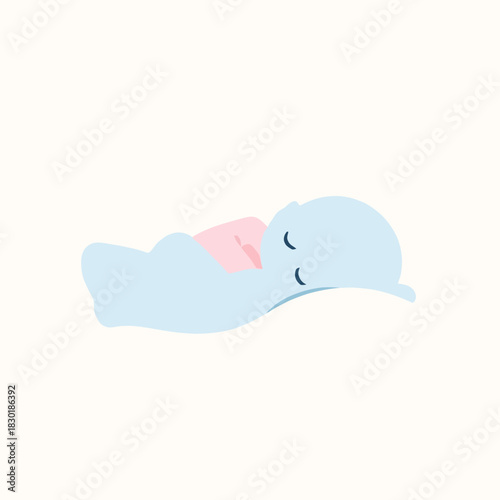 Illustration of a baby sleeping on its back with a pink blanket.