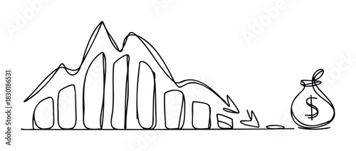 Financial graph shows decline leading to money bag symbolizing loss or savings, perfect for economic analysis and investment visuals.