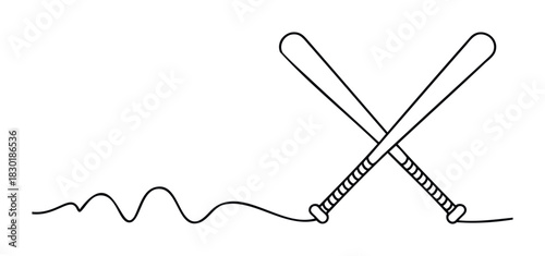 Simple line drawing of two crossed baseball bats with a wavy line extending from the base, ideal for sports themes and creative projects