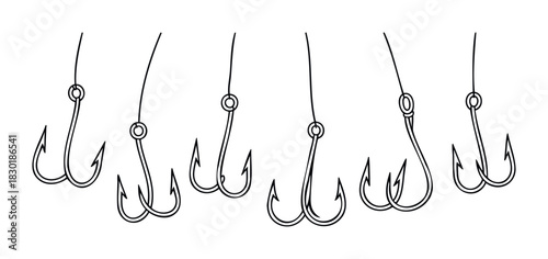 Collection of various fishing hooks depicted as line drawings for angling use or equipment conceptualization projects