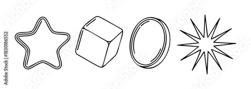 Set of simple geometric shapes including a star, cube, circle, and burst for use in graphic design and decoration.