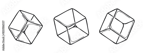Three simple line art cubes depicted from different angles for graphic use in presentations and abstract themes