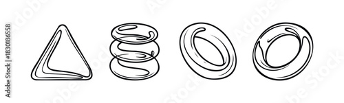 Abstract black and white shapes including a triangle and stacked rings, representing fluid forms and minimalist concepts for graphic design and modern branding applications