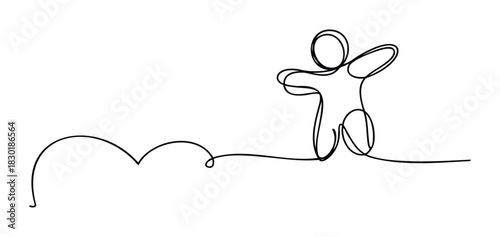 Dynamic single line drawing of a figure leaping joyfully with arms outstretched, symbolizing freedom and movement, perfect for concepts of achievement and celebration.