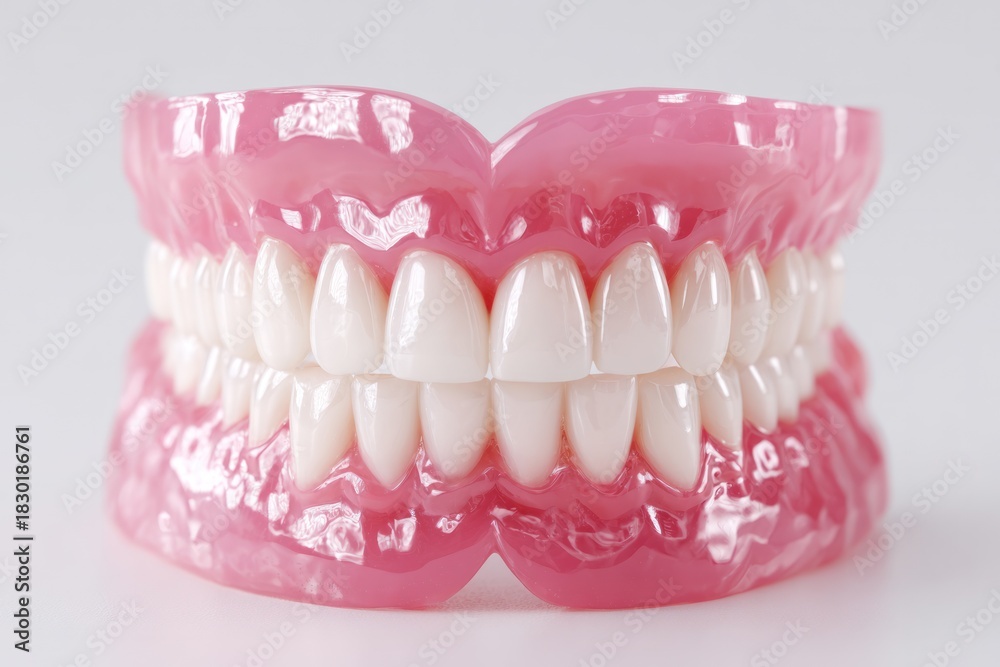 Obraz premium Dental Delight: A close-up shot of a pristine set of dentures, showcasing flawless dental aesthetics, designed to restore smiles and promote oral health.