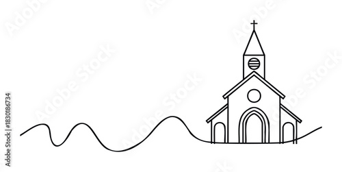 Minimalist line drawing of a church with a steeple and cross, set against a simple background, evoking a sense of faith and community, perfect for religious themes and graphic presentations