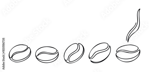 Collection of coffee beans with steam emanating from one, perfect for coffee shop promotions, cafe branding, and beverage advertising.