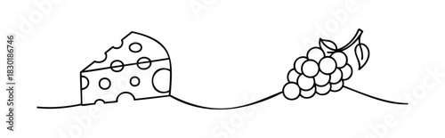 Minimalist line drawing featuring a slice of cheese with holes and a bunch of grapes on a simple wavy line, perfect for foodrelated themes and creative projects.