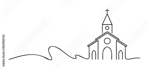 Minimalist single line drawing of a church building with a cross on top and flowing lines suggesting landscape, ideal for religious or community themes on websites and publications.