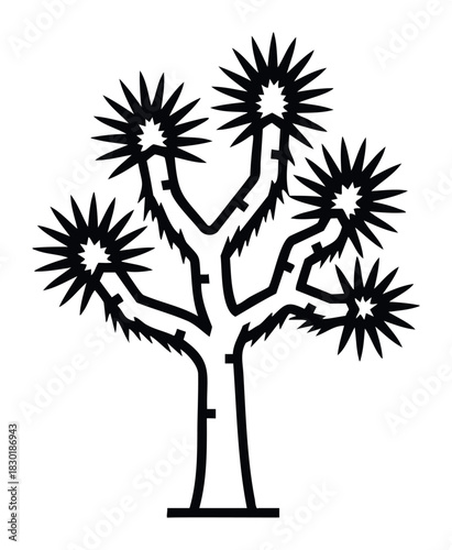 Stylized black and white graphic depiction of a Joshua Tree with spiky foliage and branching trunk, perfect for desert themes and natural symbol applications.