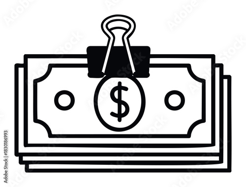 Money stack secured by a binder clip and featuring a dollar sign coin for financial management and savings concepts applicable for business and finance websites.