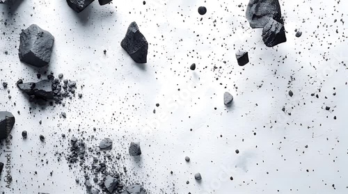 Monochrome abstract depiction of rocky fragments scattered on a textured, white surface, like a geological event, with details